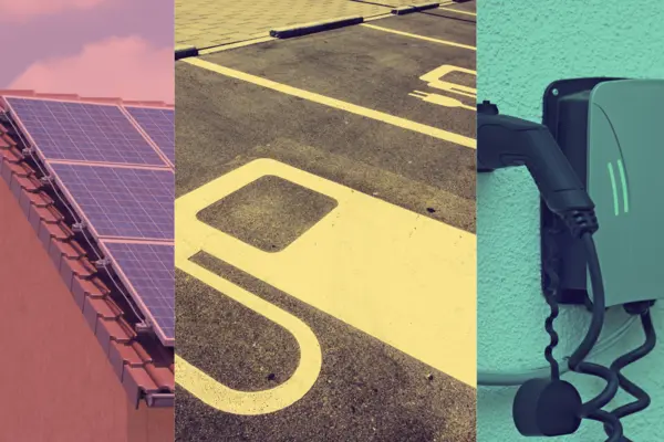 Das Bild ist in drei Spalten geteilt: eine PV-Anlage im Rotstich, ein Ladesymbol im Gelbstich und eine Wallbox an einer Wand im Grünstich
