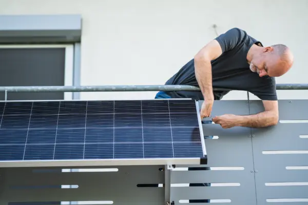 Mann schraubt Stecker-PV-Anlage an Balkon an