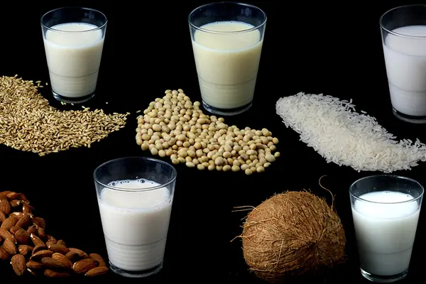 Auf schwarzem Hintergrund stehen Gläser mit milchigen Flüssigkeiten sowie Haferkörner, Sojabohnen, Reiskörner, Mandeln und eine Kokosnuss.