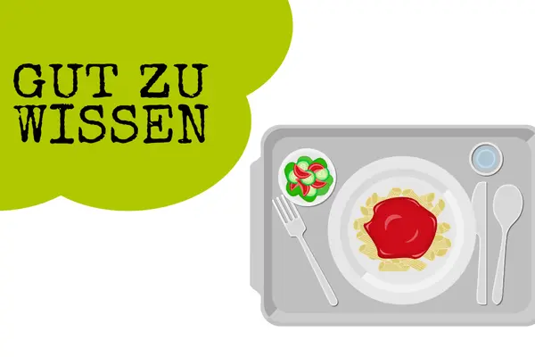 Tablett Besteck, Teller mit Nudeln und Tomatensoße sowie einem kleinen Beilagensalat und einem Glas wasser