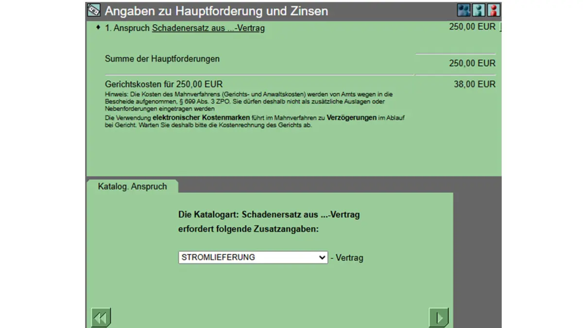 Screenshot einer Formularseite von online-mahnantrag.de
