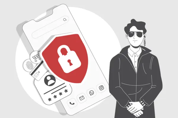 Die Grafik zeigt eine Illustration, die das Thema "Schutz von Online-Konten vor Hacking-Angriffen" darstellt. Sie besteht aus zwei Hauptteilen. Links ein großes Smartphone mit einem roten Schild und einem weißen Schloss-Symbol, das für Sicherheit steht. Links sind Symbole für verschiedene Sicherheitsmethoden wie Fingerabdruck, Passwort und Kommunikationstools zu sehen. Rechts steht eine Figur, die wie ein Sicherheitsagent aussieht, mit Sonnenbrille und Ohrhörer, was Wachsamkeit und Schutz symbolisiert.