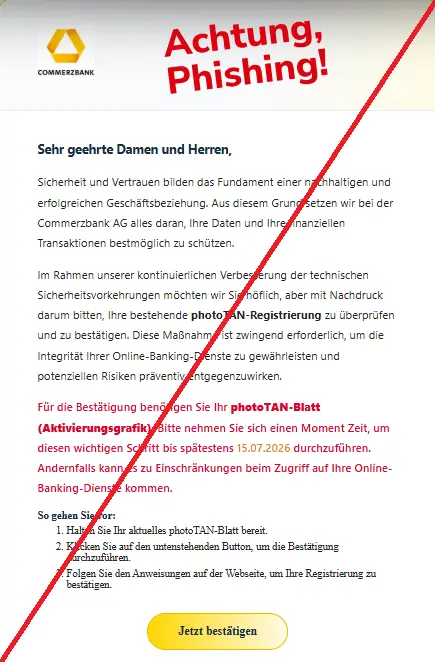 Screenshot einer Phishing-Mail mit Logo der Commerzbank und Text: "Commerzbank Logo
Sehr geehrte Damen und Herren,
Sicherheit und Vertrauen bilden das Fundament einer nachhaltigen und erfolgreichen Geschäftsbeziehung. Aus diesem Grund setzen wir bei der Commerzbank AG alles daran, Ihre Daten und Ihre finanziellen Transaktionen bestmöglich zu schützen.
Im Rahmen unserer kontinuierlichen Verbesserung der technischen Sicherheitsvorkehrungen möchten wir Sie höflich, aber mit Nachdruck darum bitten, Ihre bestehende photoTAN-Registrierung zu überprüfen und zu bestätigen. Diese Maßnahme ist zwingend erforderlich, um die Integrität Ihrer Online-Banking-Dienste zu gewährleisten und potenziellen Risiken präventiv entgegenzuwirken.
Für die Bestätigung benötigen Sie Ihr photoTAN-Blatt (Aktivierungsgrafik). Bitte nehmen Sie sich einen Moment Zeit, um diesen wichtigen Schritt bis spätestens 15.07.2026 durchzuführen. Andernfalls kann es zu Einschränkungen beim Zugriff auf Ihre Online-Banking-Dienste kommen.
So gehen Sie vor:
Halten Sie Ihr aktuelles photoTAN-Blatt bereit.
Klicken Sie auf den untenstehenden Button, um die Bestätigung durchzuführen.
Folgen Sie den Anweisungen auf der Webseite, um Ihre Registrierung zu bestätigen.
Jetzt bestätigen"