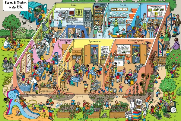 Wimmelbild zum Thema Essen für Kindergärten