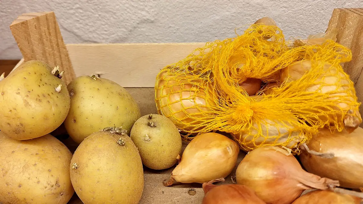 Kartoffeln und Zwiebeln liegen nebeneinander in einer Kiste.