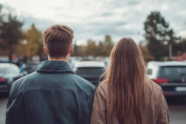 Junges Paar schaut sich Gebrauchtwagen an
