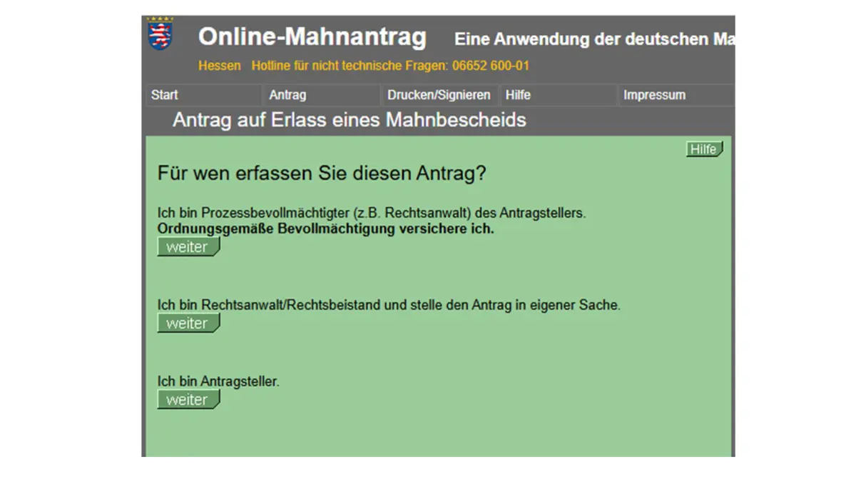 Screenshot einer Formularseite von online-mahnantrag.de
