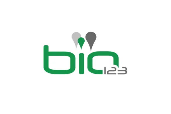 Schriftzug "bio123" mit Ortsmarkierungen als Logo der gleichnamigen App