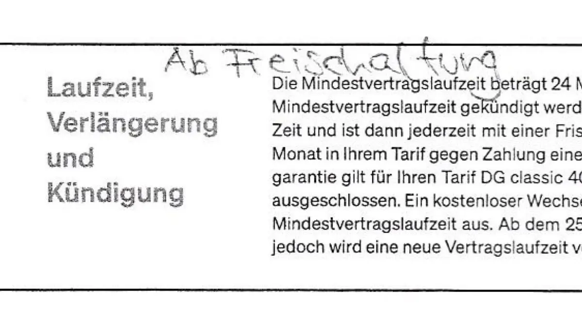 Anzeigentext mit der Frage, wann der Vertrag für den Glasfaseranschluss beginnt.