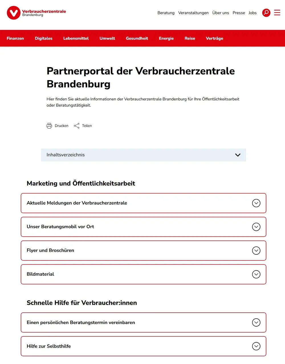 Screenshot des Partnerportals der Verbraucherzentrale Brandenburg