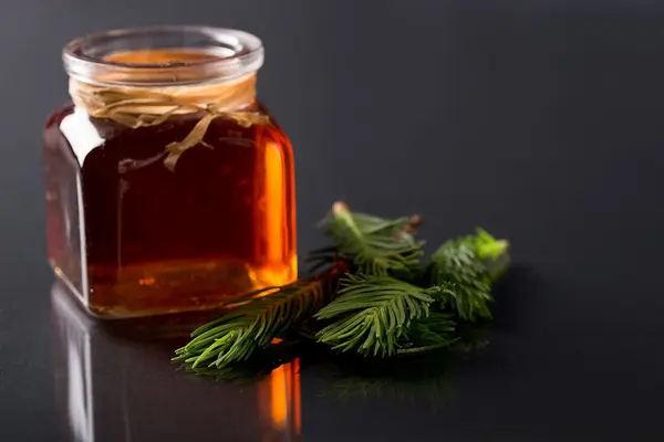 Ein Glas mit Waldhonig steht auf einer schwarzen Arbeitsfläche; daneben liegt ein Tannenzweig.