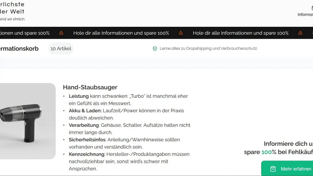 Screenshot einer Fake-Webseite