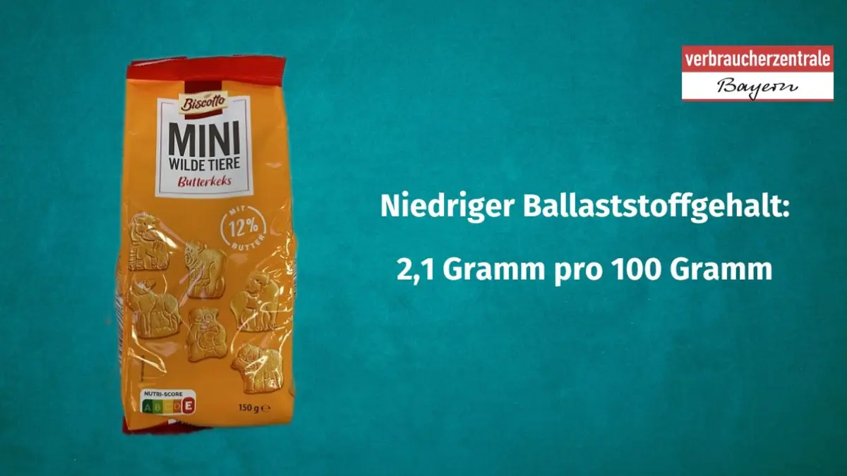 Produktfoto von Kinderkeksen mit der Angabe des Ballaststoffgehaltes