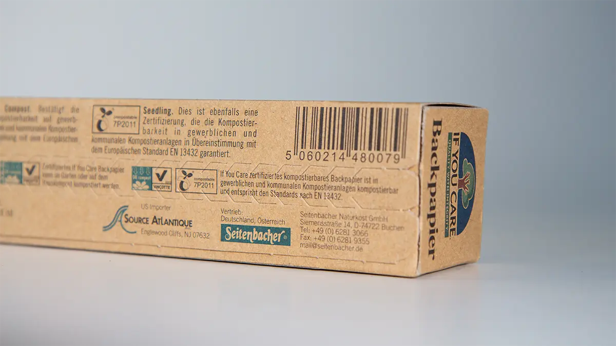 Verpackung Backpapier mit Hinweis auf Kompostierbarkeit