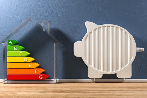 Effizienzlabel neben einem Haus als Sparschwein