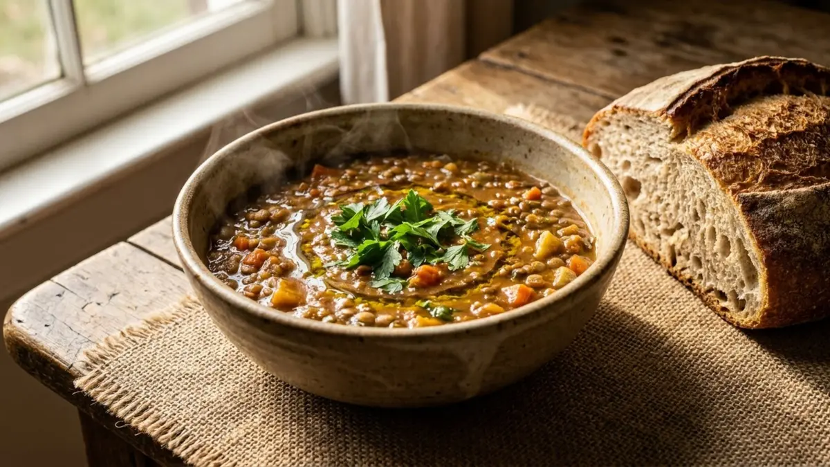 Teller Linsensuppe auf Tisch mit frischem Brot