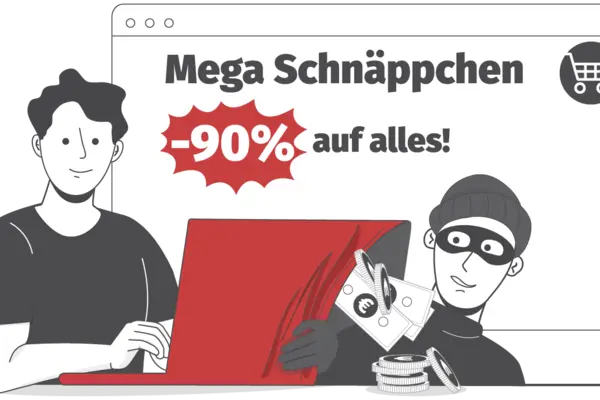 Ein Mann shoppt am Computer während ein Dieb Geld von ihm klaut.