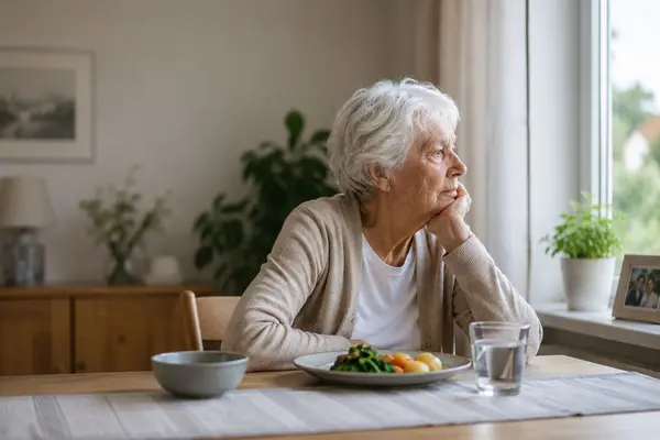 Ältere Damen sitzt traurig bei Mittagstisch alleine