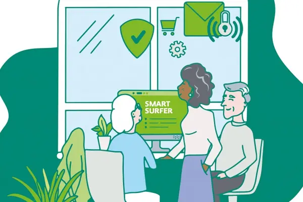 Illustration mit drei Senior:innen vor einem PC