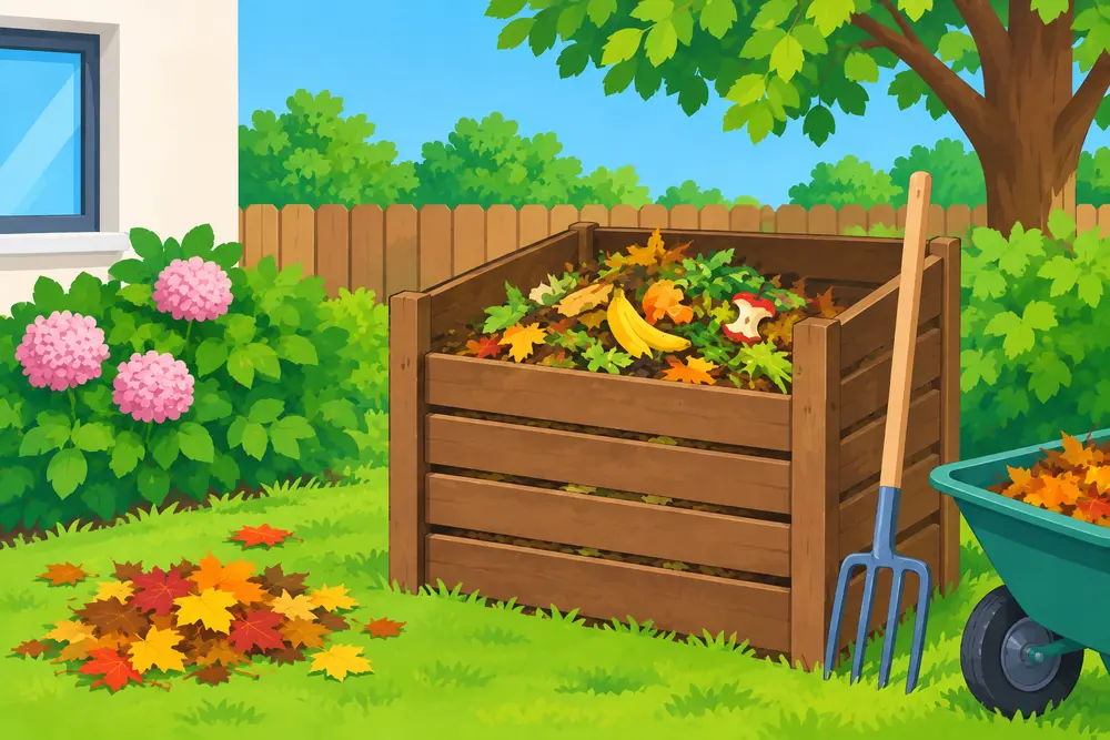 für leichte Sprache: Garten mit einem Komposthaufen und einem Rechen daneben