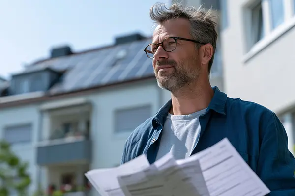 Mann steht vor Haus mit PV-Anlage und hält Angebote in der Hand