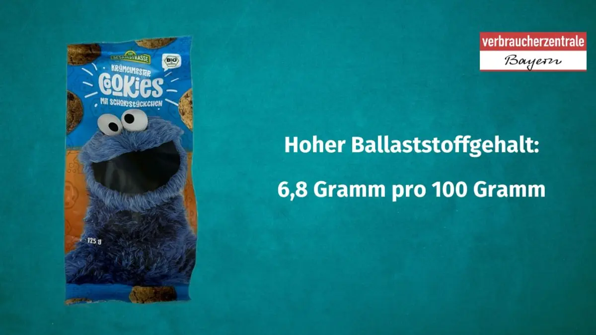 Produktfoto von Kinderkeksen mit der Angabe des Ballaststoffgehaltes