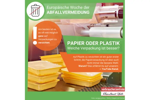  Europäische Woche der Abfallvermeidung. Papier oder Plastik Welche Verpackung ist besser?  Auf Plastik zu verzichten ist ein guter erster Schritt, die Papierverpackung ist aber auch nicht immer die bessere Wahl. Warum? Das erfährst Du auf unserem  --> YouTube Kanal  Am besten ist es, so oft wie möglich ganz auf Verpackungen zu verzichten.