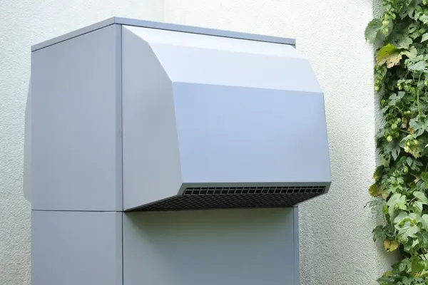 Wärmepumpe Hauswand und grüne Rankpflanze