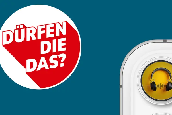 Bild mit Logo des Podcasts "dürfen die das?" neben einem Smartphone mit Kopfhörern an Stelle der Kameralinse