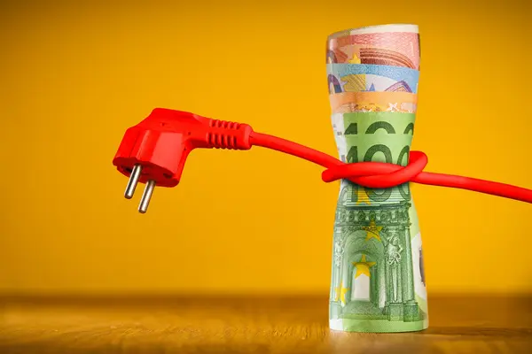 Ein rotes Stromkabel ist um ein Bündel Euro-Geldscheine gewickelt.