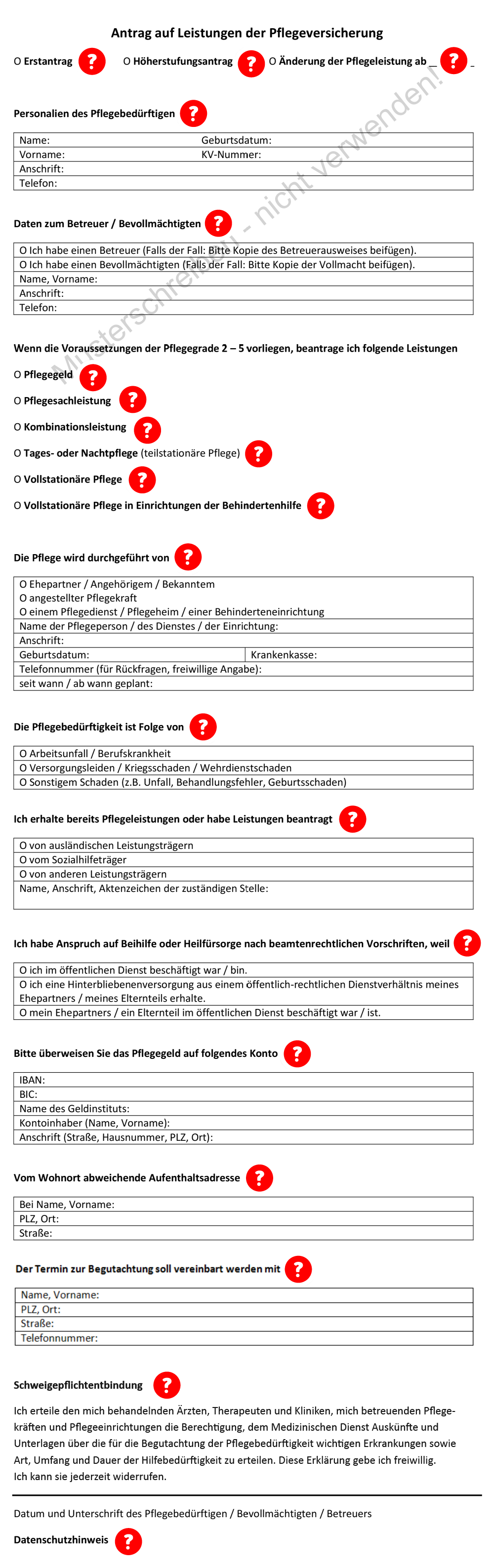 Muster eines Formulars „Antrag auf Leistungen der Pflegeversicherung“. Diagonaler Wasserzeichen-Schriftzug „Musterschreiben - nicht verwenden!“. Neben fast allen Überschriften und Auswahlfeldern befindet sich jeweils ein rotes Fragezeichen-Symbol als Ausfüllhilfe.