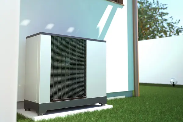 Eine Wärmepumpe an der aüßeren Hauswand im Garten
