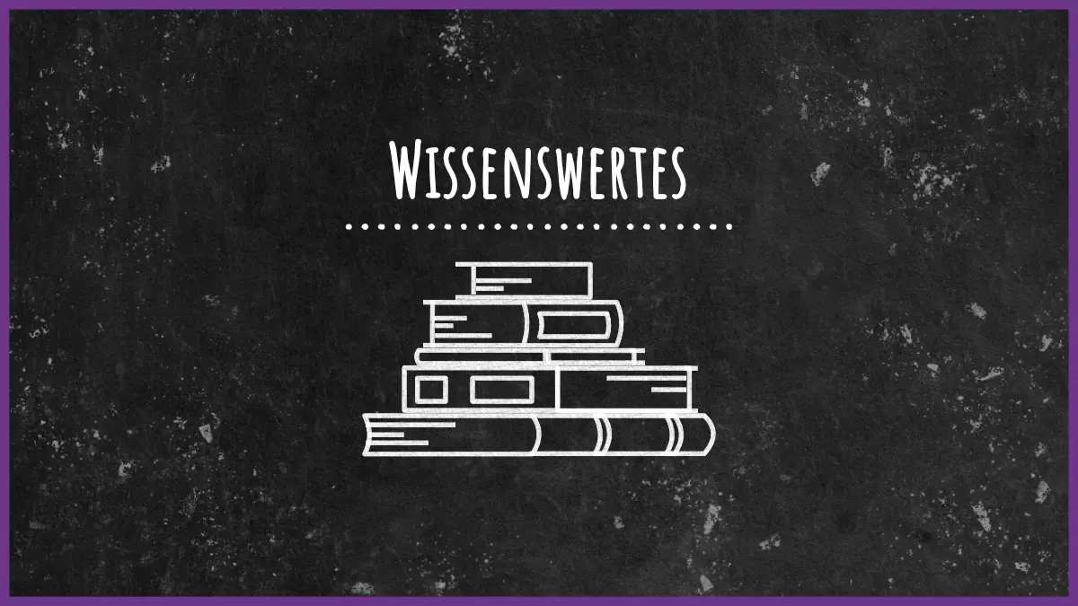 Schwarze Tafel mit Schriftzug Wissenswertes sowie Kreidezeichnung eines Bücherstapels