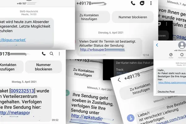 Collage aus Screenshots verschiedener falscher Paketdienst-SMS