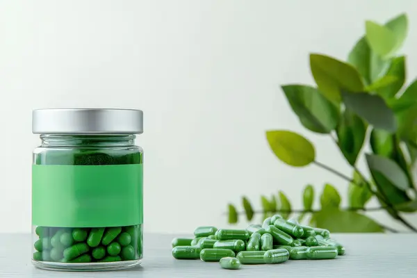 Eine Glas mit dem Bio-Nahrungsergänzungsmittel Spirulina