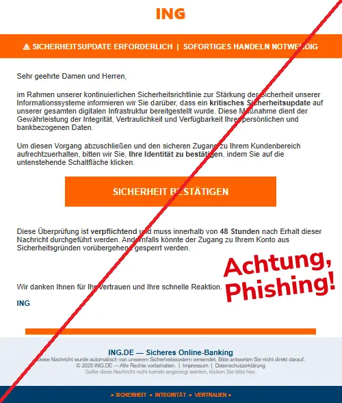 Screenshot einer Mail der "ING-DiBa" und dem Text: "ING
⚠ SICHERHEITSUPDATE ERFORDERLICH | SOFORTIGES HANDELN NOTWENDIG
Sehr geehrte Damen und Herren,
im Rahmen unserer kontinuierlichen Sicherheitsrichtlinie zur Stärkung der Sicherheit unserer Informationssysteme informieren wir Sie darüber, dass ein kritisches Sicherheitsupdate auf unserer gesamten digitalen Infrastruktur bereitgestellt wurde. Diese Maßnahme dient der Gewährleistung der Integrität, Vertraulichkeit und Verfügbarkeit Ihrer persönlichen und bankbezogenen Daten.
Um diesen Vorgang abzuschließen und den sicheren Zugang zu Ihrem Kundenbereich aufrechtzuerhalten, bitten wir Sie, Ihre Identität zu bestätigen, indem Sie auf die untenstehende Schaltfläche klicken.
SICHERHEIT BESTÄTIGEN
Diese Überprüfung ist verpflichtend und muss innerhalb von 48 Stunden nach Erhalt dieser Nachricht durchgeführt werden. Andernfalls könnte der Zugang zu Ihrem Konto aus Sicherheitsgründen vorübergehend gesperrt werden.
Wir danken Ihnen für Ihr Vertrauen und Ihre schnelle Reaktion.
ING
ING.DE — Sicheres Online-Banking
Diese Nachricht wurde automatisch von unserem Sicherheitssystem versendet. Bitte antworten Sie nicht direkt darauf.
© 2025 ING.DE — Alle Rechte vorbehalten. | Impressum | Datenschutzerklärung
Sollte diese Nachricht nicht korrekt angezeigt werden, klicken Sie bitte hier.
● SICHERHEIT ● INTEGRITÄT ● VERTRAUEN ●
".