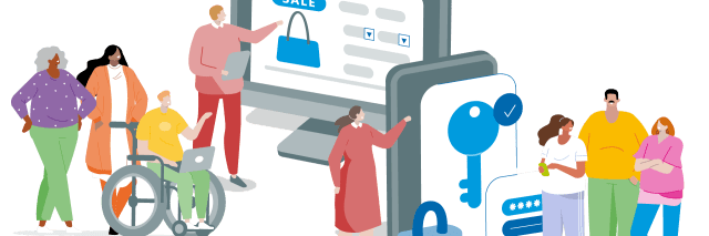 Eine Gruppe von Menschen informiert sich zu digitalen Themen wie Einkaufen im Netz oder Verschlüsselung von Daten