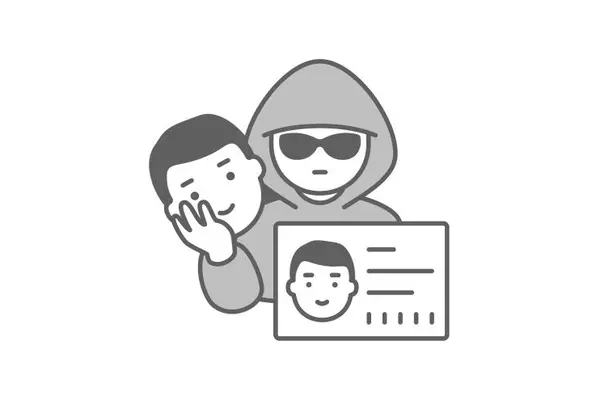 Eine graue Grafik, die eine Person mit Kapuzenpullover und Sonnenbrille zeigt, die eine freundlich lächelnde Maske abnimmt. Vor ihr ist ein Ausweisdokument mit demselben lächelnden Gesicht abgebildet.