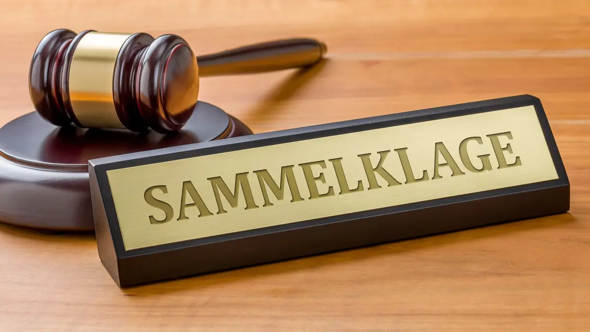 Das Bild zeigt ein Namensschild mit der Aufschrift „Sammelklage“ neben einem Richterhammer auf einem Holzuntergrund.