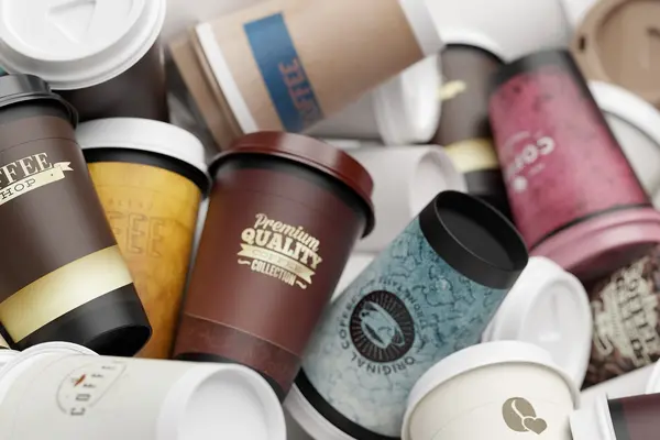 Viele Einweg-Kaffeebecher liegen auf einem Haufen.