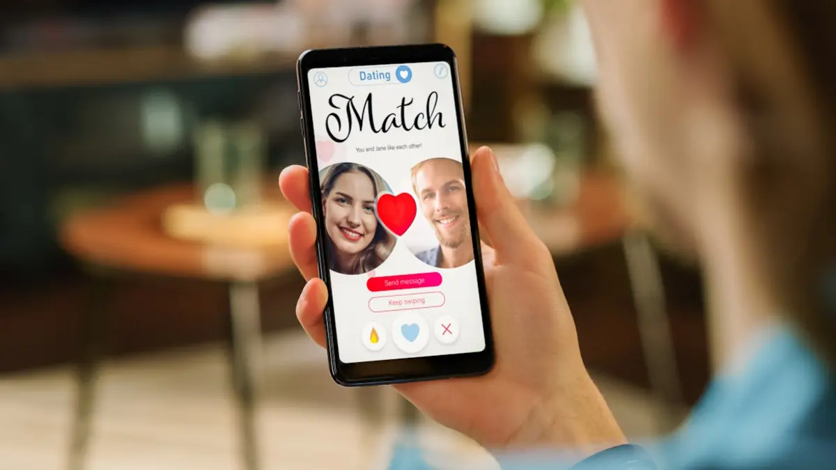 Frau nutzt Dating App auf Smartphone