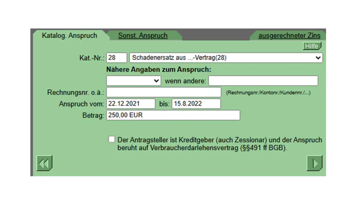 Screenshot einer Formularseite von online-mahnantrag.de