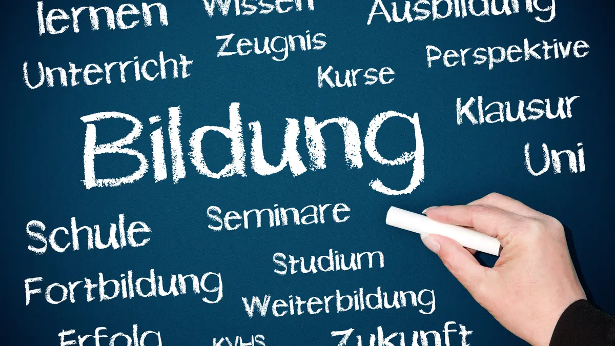 Schriftzug "Bildung" mit Kreide an eine Tafel geschrieben