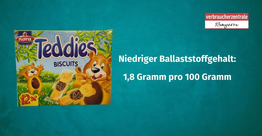 Produktfoto von Kinderkeksen mit der Angabe des Ballaststoffgehaltes