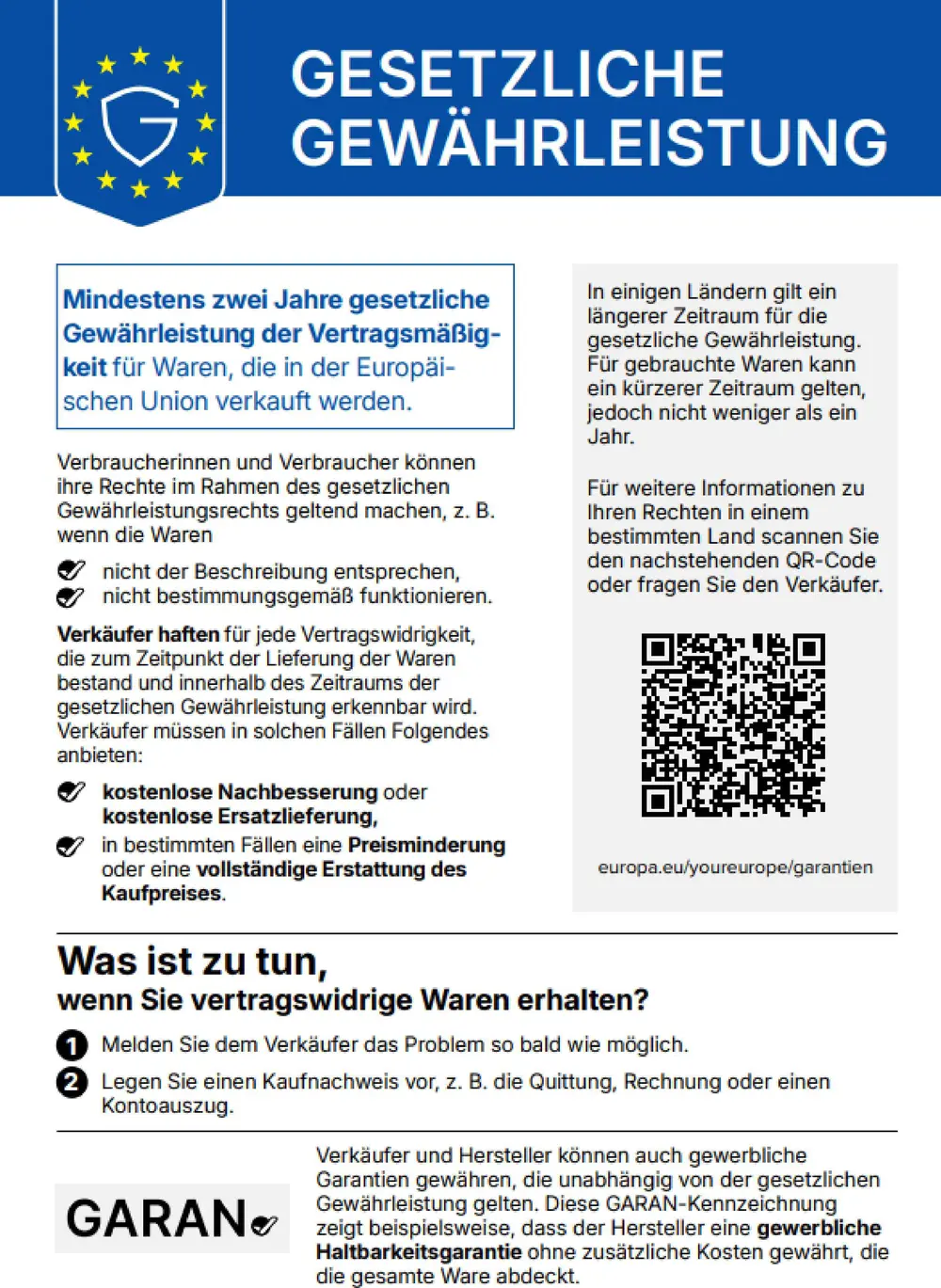 Informationslabel "Gesetzliche Gewährleistung" mit EU-Sternenkranz-Logo in einem Schild-Symbol. Der Text erläutert die gesetzliche Gewährleistung in der EU: Mindestens zwei Jahre Gewährleistung der Vertragsmäßigkeit für Waren, die in der Europäischen Union verkauft werden. Verbraucherinnen und Verbraucher können ihre Rechte geltend machen, wenn Waren nicht der Beschreibung entsprechen oder nicht bestimmungsgemäß funktionieren. Verkäufer haften für Vertragswidrigkeiten, die bei Lieferung bestanden und innerhalb der Gewährleistungsfrist erkennbar werden, und müssen kostenlose Nachbesserung oder Ersatzlieferung anbieten, in bestimmten Fällen auch Preisminderung oder vollständige Erstattung des Kaufpreises.
Ein grau hinterlegter Kasten weist darauf hin, dass in einigen Ländern längere Fristen gelten können und für gebrauchte Waren eine kürzere Frist von mindestens einem Jahr möglich ist. Für länderspezifische Informationen wird auf einen QR-Code sowie die Internetadresse europa.eu/youreurope/garantien verwiesen.
Im unteren Bereich folgt ein Abschnitt "Was ist zu tun, wenn Sie vertragswidrige Waren erhalten?" mit zwei nummerierten Schritten: 1. Das Problem so bald wie möglich dem Verkäufer melden. 2. Einen Kaufnachweis vorlegen, zum Beispiel Quittung, Rechnung oder Kontoauszug.
Am unteren Rand befindet sich zusätzlich das Symbol "GARAN" mit Häkchen, begleitet von einem erläuternden Text, dass Verkäufer und Hersteller auch freiwillige gewerbliche Garantien gewähren können, die unabhängig von der gesetzlichen Gewährleistung bestehen. Die GARAN-Kennzeichnung zeigt beispielhaft an, dass ein Hersteller eine gewerbliche Haltbarkeitsgarantie ohne Zusatzkosten für die gesamte Ware gewährt.
Das Label ist in den Farben Blau, Weiß, Gold und Schwarz gehalten.