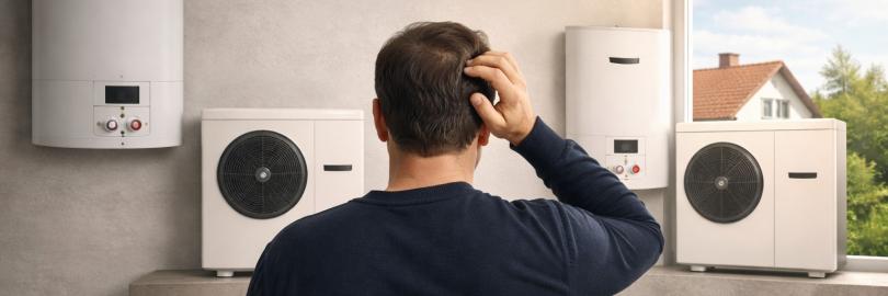 Mann schaut auf Heizungstypen (Wärmepumpe, Gasheizung) und kratzt sich am Hinterkopf
