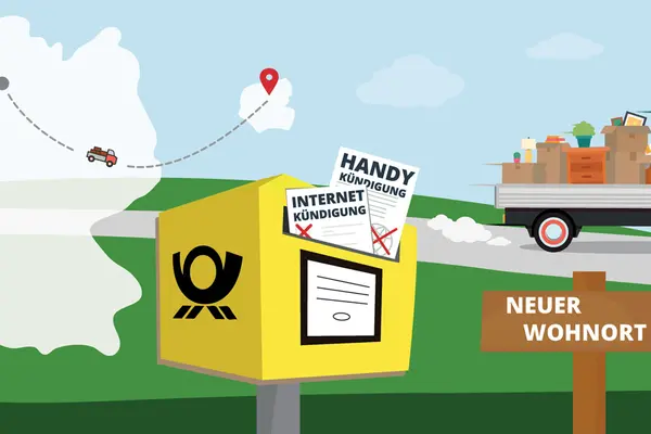Infografik: Deutschlandkarte Umzug Ausland, Umzugswagen, Handyvertrag