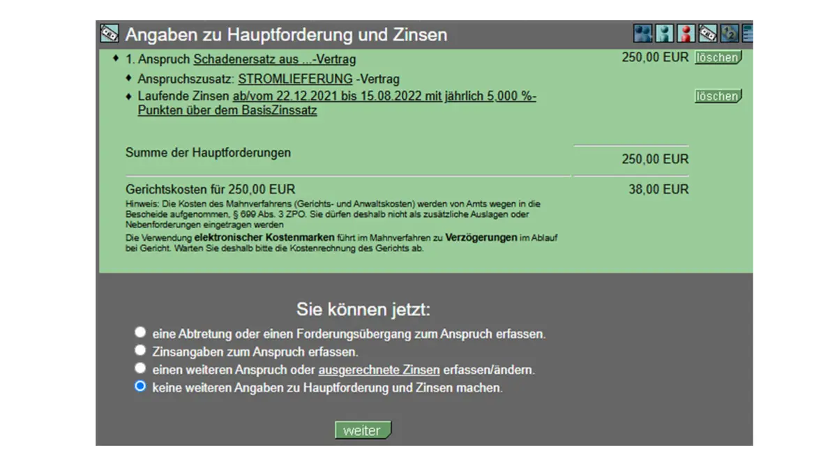 Screenshot einer Formularseite von online-mahnantrag.de