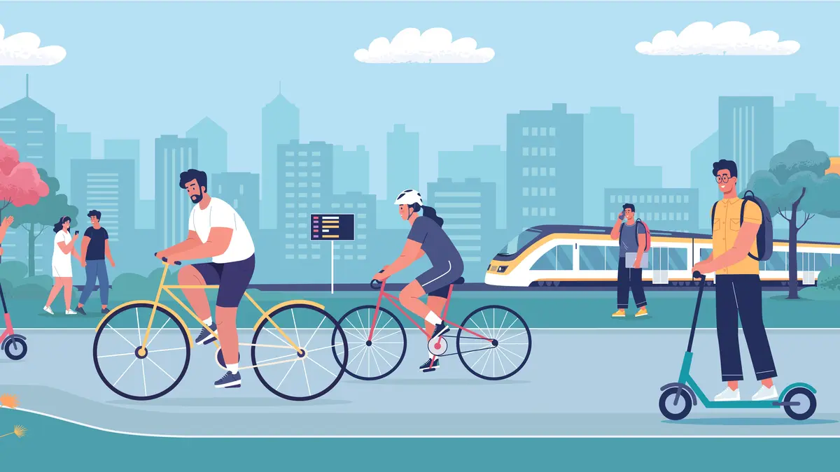Menschen fahren Fahrrad, ein Zug und eine Stadt im Hintergrund