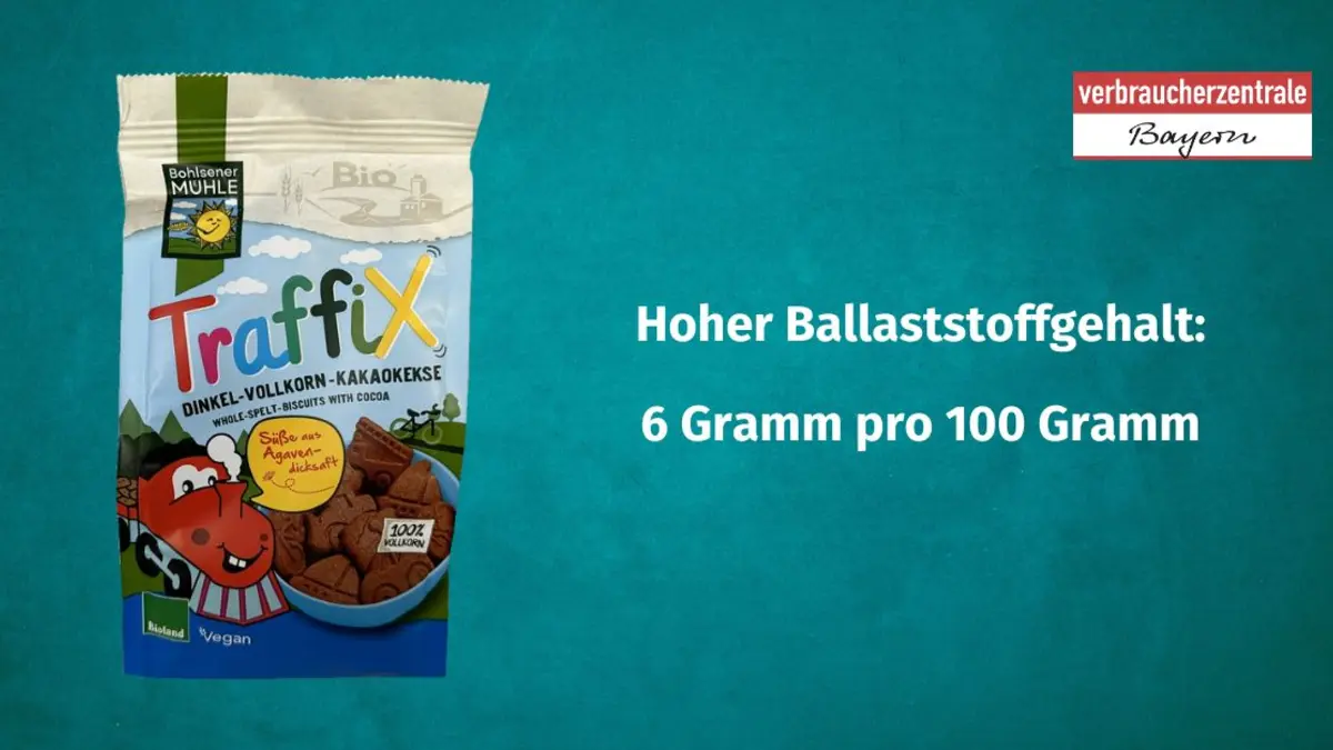 Produktfoto von Kinderkeksen mit der Angabe des Ballaststoffgehaltes